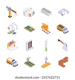 This set of vibrant isometric icons depicts various construction tools, equipment, and materials