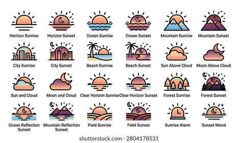 This set of vibrant sunrise and sunset icons includes horizon, ocean, mountain, city, beach, sun above cloud, moon above cloud, sun and cloud, moon and cloud, clear horizon, forest, ocean reflection, mountain reflection, field, sunrise alarm, and sunset mood.