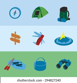 This is set of volume colorful design icons of camping topic.9 icons including tent, compass, backpack, pointers, fire, kayak, boiler, folding knife with the opener and corkscrew, binoculars.