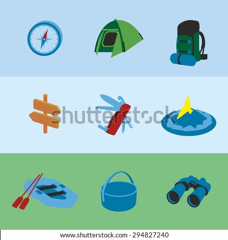 This is set of volume colorful design icons of camping topic.9 icons including tent, compass, backpack, pointers, fire, kayak, boiler, folding knife with the opener and corkscrew, binoculars.