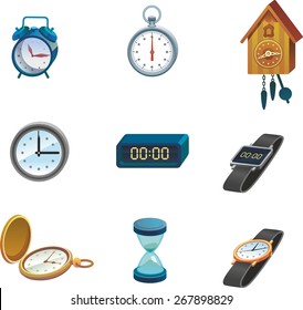 This is set of volume icons clock topic including service, timer, cuckoo clock, hair, round-the-clock, alarm, sand clock