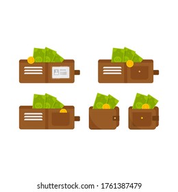 Este es un conjunto de carteras con dinero aislado en fondo blanco.
