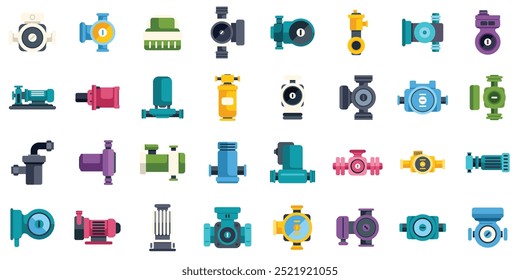 Este conjunto de ícones da bomba de água mostra diferentes tipos de bombas para encanamento, incluindo bombas centrífugas, submersíveis e de diafragma