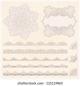 This is set of watermarks and borders. Guilloche pattern for banknote, diploma, certificate, note, currency, voucher or money design. EPS 8