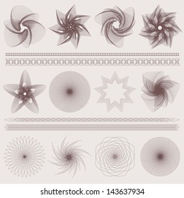 This is set of watermarks and borders. Guilloche pattern (intricacy line elements) for money design, voucher, currency, gift certificate, coupon, banknote, diploma, check (cheque), note. Vector EPS 8