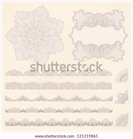 This is set of watermarks and borders. Guilloche pattern for banknote, diploma, certificate, note, currency, voucher or money design. EPS 8