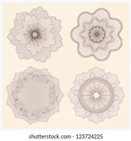 This Is Set Of Watermarks. Guilloche Pattern For Banknote, Diploma, Certificate, Note, Currency, Voucher Or Money Design. EPS 8