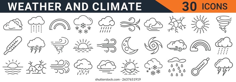 this is a set of weather and climate icons. the icons are simple and clean, and they represent different weather conditions and climate elements. they are perfect for use in a variety of projects.