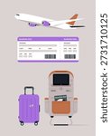 This setup showcases a stylish airplane seat set with a personal entertainment screen, a sleek suitcase, and a boarding pass ready for travel, creating a sense of adventure.