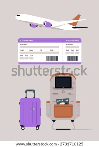 This setup showcases a stylish airplane seat set with a personal entertainment screen, a sleek suitcase, and a boarding pass ready for travel, creating a sense of adventure.
