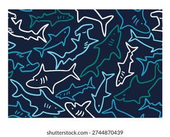 This shark-themed seamless vector pattern would make a great background or surface design.A fun summer ocean design for kids' clothing, beachwear, and surf-inspired fabric prints.