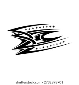 This sharp black tribal tattoo design element features dynamic intertwined lines, sharp speed edges, and decorative star symbols, presented as a highly scalable vector graphic.