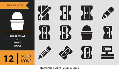 Este conjunto de ícones sólidos de afiamento e ferramentas de ponto inclui 12 ícones em negrito e altamente visíveis, como apontador de lápis apontador portátil afiador compacto e apontador de mesa projetado para forte clareza em aplicativos escolares plataformas de gerenciamento de escritório e software de papelaria profissional