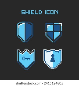 this shield icon in pixel art with simple color and black background ,this item good for presentations, stickers, icons, t shirt design,game asset,logo and your project.