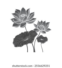 
This Shilluti-inspired vector illustration showcases two lotus flowers in a minimalist design. A large lotus takes center stage, surrounded by a smaller lotus .