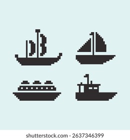 this is ship icon in pixel art with black color and white background ,this item good for presentations,stickers, icons, t shirt design,game asset,logo and your project.