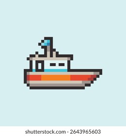 this is ship icon in pixel art with colorful color and blue background ,this item good for presentations,stickers, icons, t shirt design,game asset,logo and your project.
