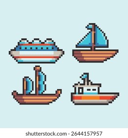 this is ship icon set in pixel art with colorful color and blue background ,this item good for presentations,stickers, icons, t shirt design,game asset,logo and your project.