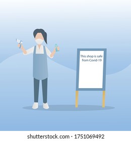 This shop is safe from corona virus (covid-19),Shop staff wear mask,
Carry fever measuring devices and alcohol gels for customers who will use the in store service,Vector illustration.