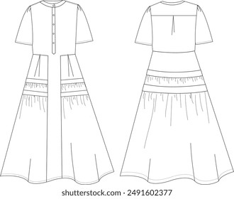 This short sleeve dress technical drawing features precise and detailed elements, including sleeve design, silhouette, and seam lines. Ideal for fashion designers and garment makers, it ensures accura