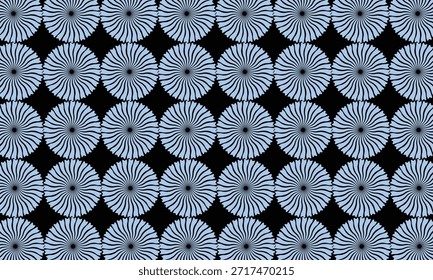 This showcases a rhythmic arrangement of light blue blossom motifs against a contrasting black space, creating a compelling visual cadence and balanced artistic backdrop.