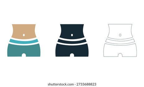 Esto muestra tres conceptos distintos de cintura delgada, que simbolizan varios aspectos de los objetivos de fitness y la vergüenza corporal. La representación colorida y estilizada tiene como objetivo fomentar la Imagen corporal positiva, la autoestima y la confianza, al tiempo que fomenta un estilo de vida equilibrado y armonioso.