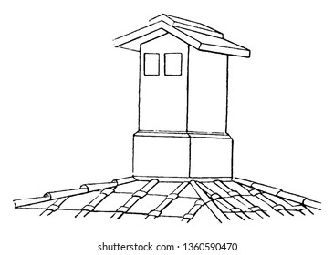 Esto muestra la elevación de la pila de chimenea de cabaña que se eleva desde el techo sin ningún tipo de preparación y es un dibujo de línea vintage suficientemente alto o ilustración de grabado.