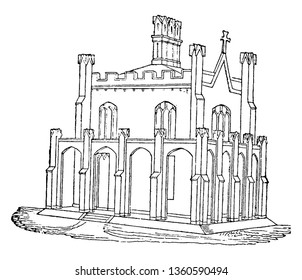 This shows the elevation of the cottage in which the second story being added and the castellated Gothic which is adopted in the architecture vintage line drawing or engraving illustration.