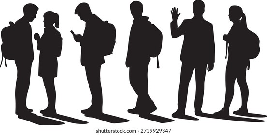 This shows a group of silhouetted students. Some are wearing backpacks. One student is using a phone, and another is waving. Transparent background ensures seamless integration. - Powered by Shutterstock - Get 15% off with code: PIKWIZARD15