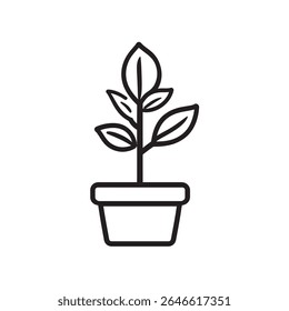 This shows a minimalistic line drawing of a plant inside a pot. It has a simple, modern feel, and would be perfect for ecological themes. Transparent background.