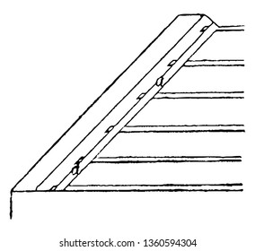 This shows the slight inclination to the verge or border-slates where they butt against brick-work. It is made so that the water may be directed from the brick-work vintage line drawing or engraving