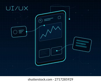 This shows a smartphone screen displaying various user interface elements. There are graphs and chat bubbles connected to the screen, highlighting interactions.