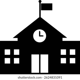 This shows a solid black academy icon featuring windows, doors, and a visible clock face. A flag is placed at the building's peak against a plain white backdrop.