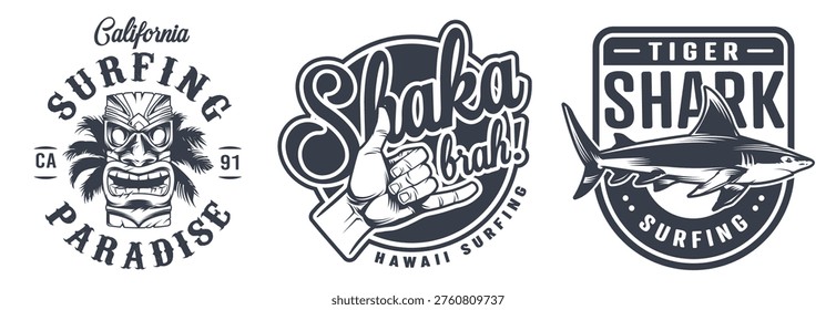 This shows three different surfing designs. They represent surfing culture from California and Hawaii. Each design has unique artwork related to surfing and ocean life.