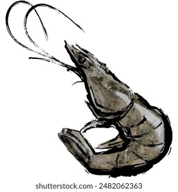 This is a shrimp drawn using ink painting technique