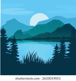 This Shutterstock vector illustration depicts a serene natural landscape featuring a calm lake surrounded by pine trees and grass, with layered blue mountains and the sun rising behind them.
