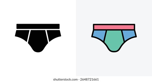 This side by side illustration features two sets of briefs, one rendered in a solid black silhouette and the other in a colorful design with pastel tones on a neutral backdrop.
