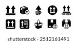 This side up flat icon vector set. This side up or way up label on package, parcel, packet. Containing up arrow stamp or sticker, cardboard box instruction or warning sign and symbol for delivery