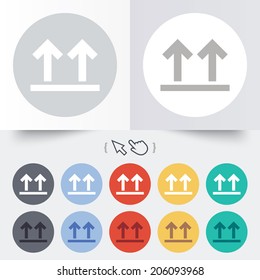 This side up sign icon. Fragile package symbol. Arrows. Round 12 circle buttons. Shadow. Hand cursor pointer. Vector