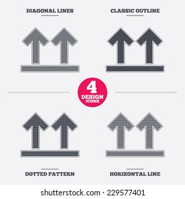 This side up sign icon. Fragile package symbol. Arrows. Diagonal and horizontal lines, classic outline, dotted texture. Pattern design icons.  Vector