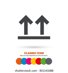 This side up sign icon. Fragile package symbol. Arrows. Classic flat icon. Colored circles. Vector