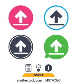 This side up sign icon. Fragile package symbol. Report document, information sign and light bulb icons. Vector