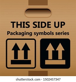 THIS SIDE UP symbol for use on cardboard boxes and packages
