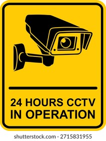 Este letrero presenta un pictograma negro de la cámara CCTV sobre un fondo amarillo con el texto “24 HORAS CCTV EN FUNCIONAMIENTO”. Se utiliza para informar y advertir que la zona está bajo vigilancia continua por video durante el día y la noche. Imprimible para pegatina o tablero de acrílico.