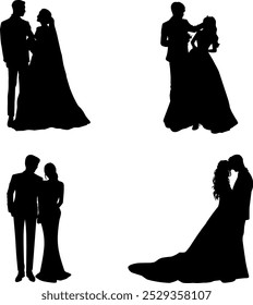 This silhouette art depicts couples in romantic poses, showcasing love and elegance. The figures are adorned in formal attire, embodying classic wedding aesthetics.