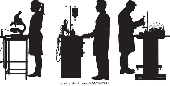 This is a silhouette depicting scientists working in a lab. Perfect for illustrating research, healthcare advancements and the ongoing pursuit of scientific discovery.