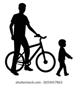 This silhouette depicts a man with a bicycle and a child walking beside him, set against a transparent backdrop, capturing a simple and universally relatable scene of family.