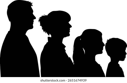This is a silhouette of a family of four. The family is standing in a row against a white background. The family consists of a man, a woman, a girl and a boy.