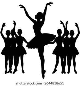 This silhouette features a ballerina striking a pose with her arms raised while being cheered on by fellow ballerinas also with raised arms. Her silhouette stands against a transparent backdrop.