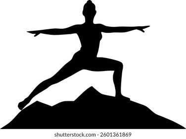 This silhouette features a female figure doing Warrior II pose atop a mountain. Isolated on white, creates a sense of balance, strength, and connection.